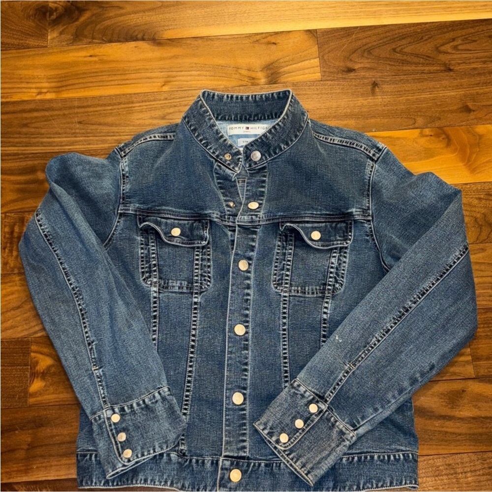 Tommy Hilfiger Blue Denim Collarless Jacket~ L ~Pit to Pit 19”~Nice